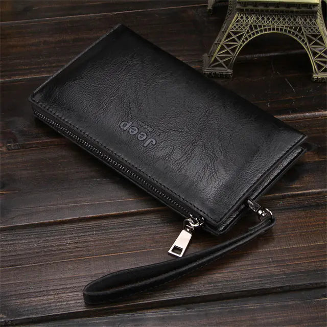 Men's Black Leather Coin Purse with Zipper Wallet