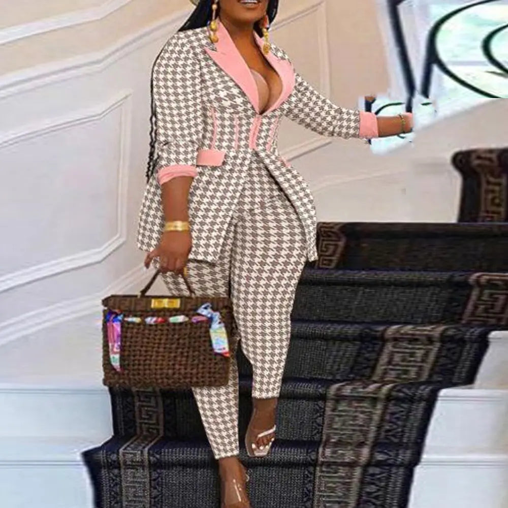 Plus Size Houndstooth Blazer and Pants Set for Women