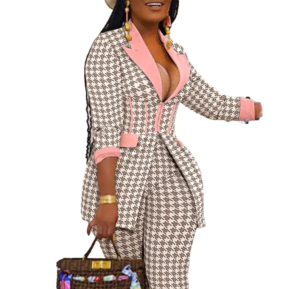 Plus Size Houndstooth Blazer and Pants Set for Women